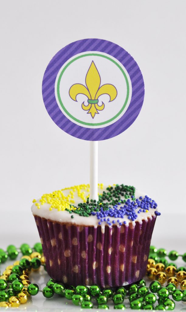 King Cake Cupcakes for Mardi Gras with Fleur de Lis Printable Cupcake Topper by Pineapple Paper Co.