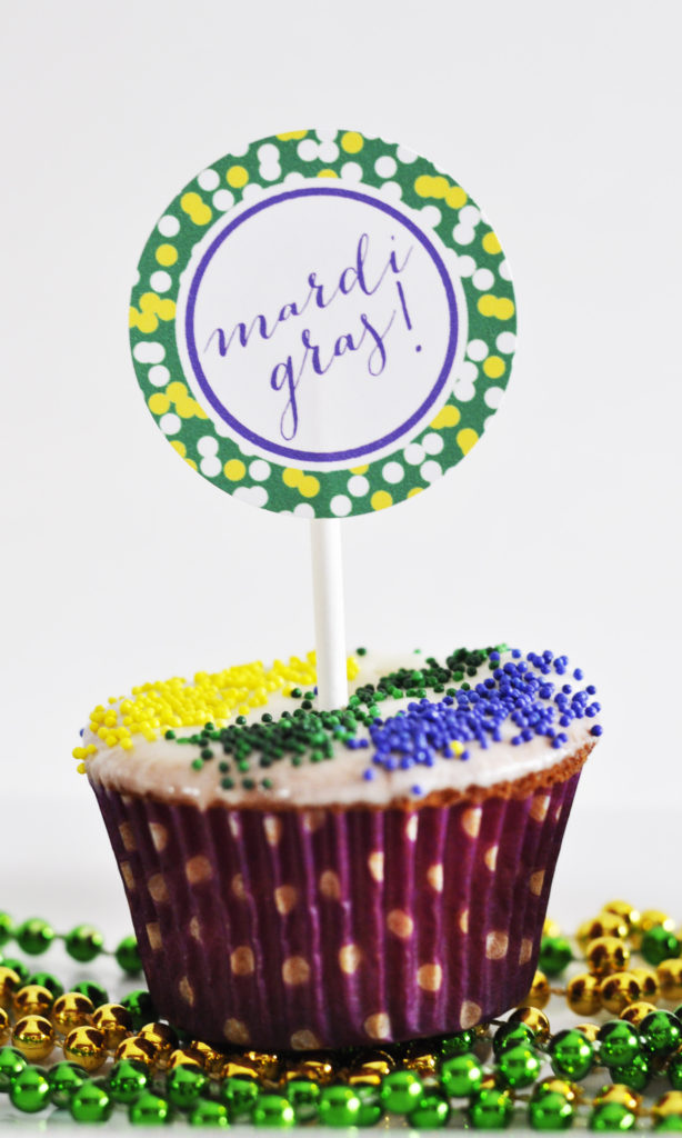 Mardi Gras Cupcake with Free Printable Cupcake Topper by Pineapple Paper Co.