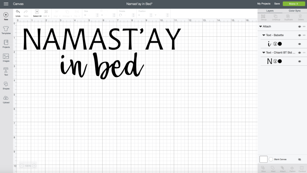 Cricut Design Space Namast'ay in bed