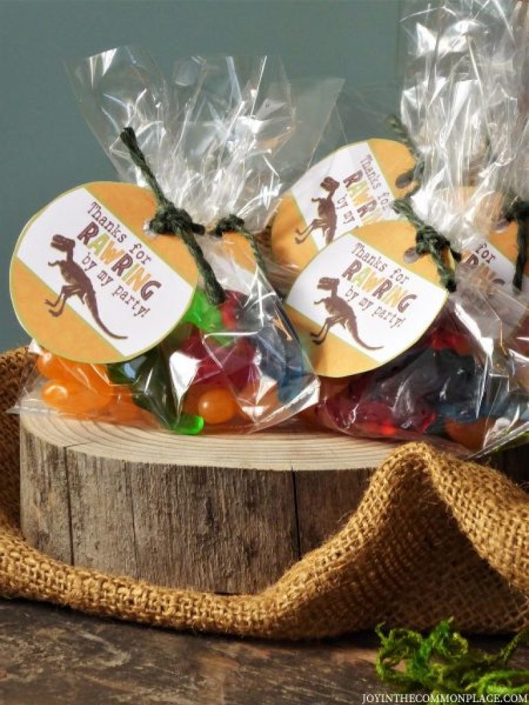 Dinosaur Party Favors on a Wooden Tray