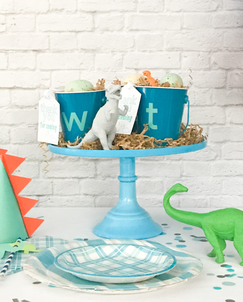 Blue Cake Stand with DIY Dinosaur Party Favors and Martha Stewart Celebrations