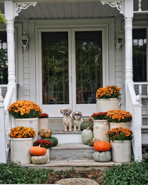 Fall Front Porch with Mum in Crocks