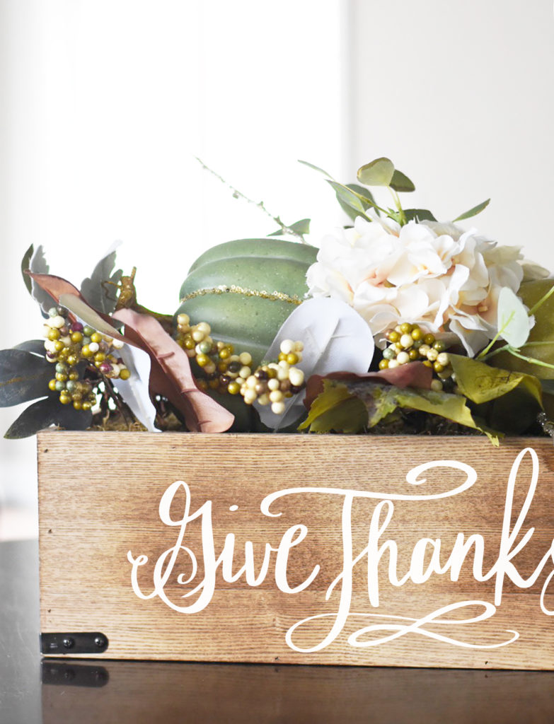 Download a FREE Give Thanks SVG and tutorial for DIY Thanksgiving Table Decor Centerpiece Box with your Cricut by Pineapple Paper Co.