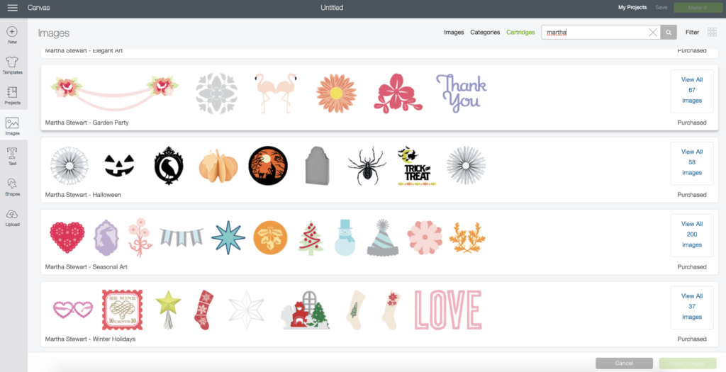 Martha Stewart designs in Cricut Design Space