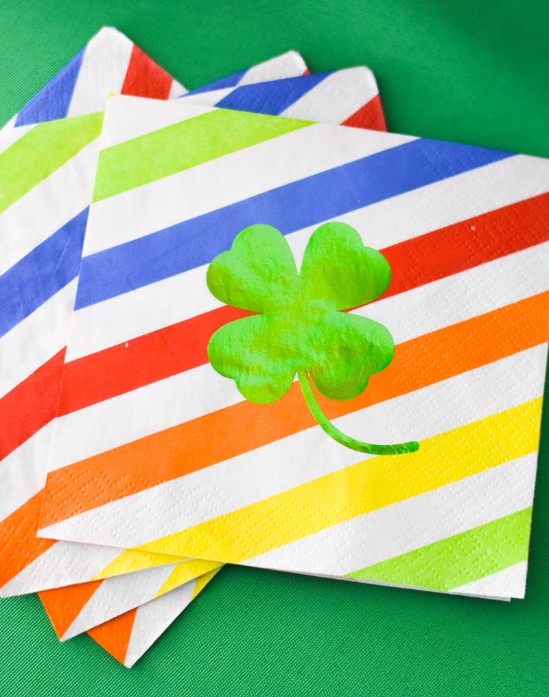 Green Foil Iron On Vinyl Shamrock on Rainbow Paper Napkins by Pineapple Paper Co.