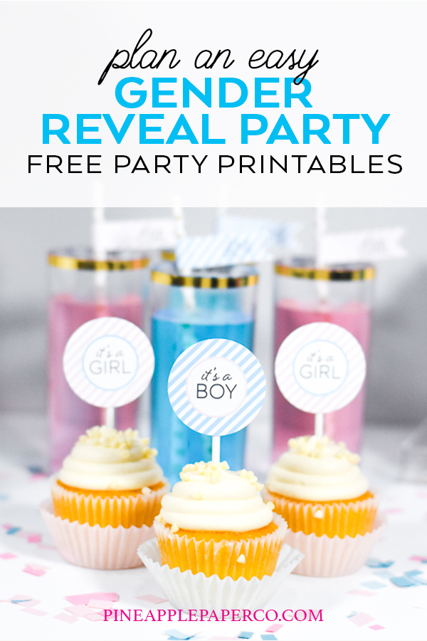 Gender Reveal Party Ideas and Free Printable Cupcake Toppers and Straw Flags by Pineapple Paper Co.