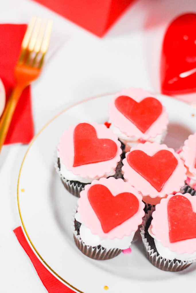 Valentine's Day Cupcakes with Red and Pink Heart Fondant Cupcake Toppers by Pineapple Paper Co.