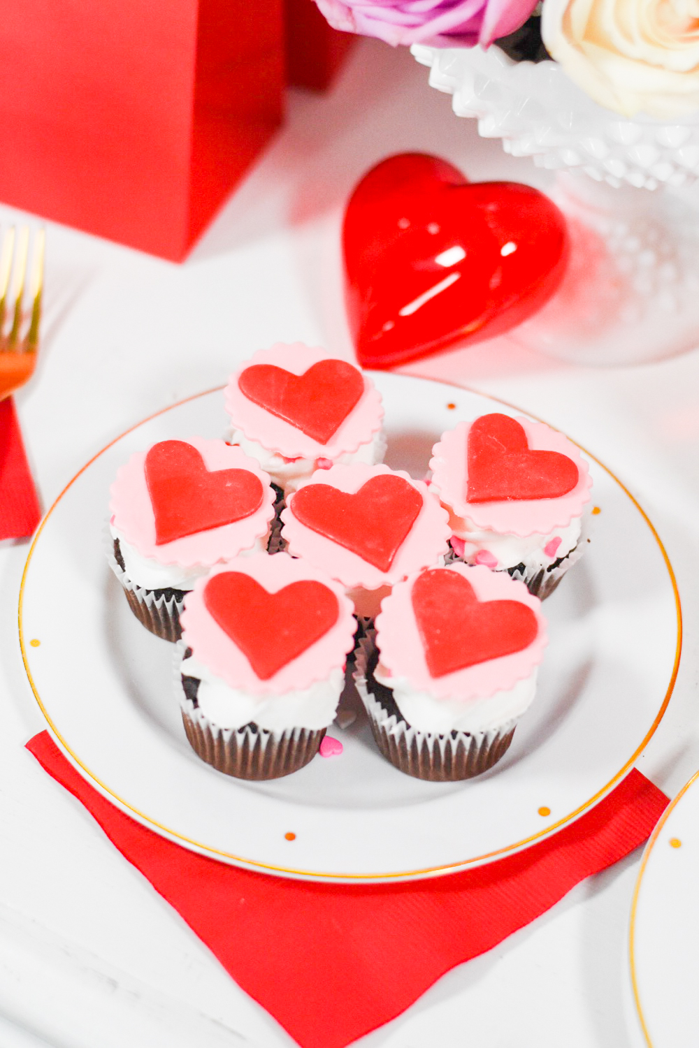 Valentine's Day Cupcakes with Red and Pink Heart Fondant Cupcake Toppers by Pineapple Paper Co.