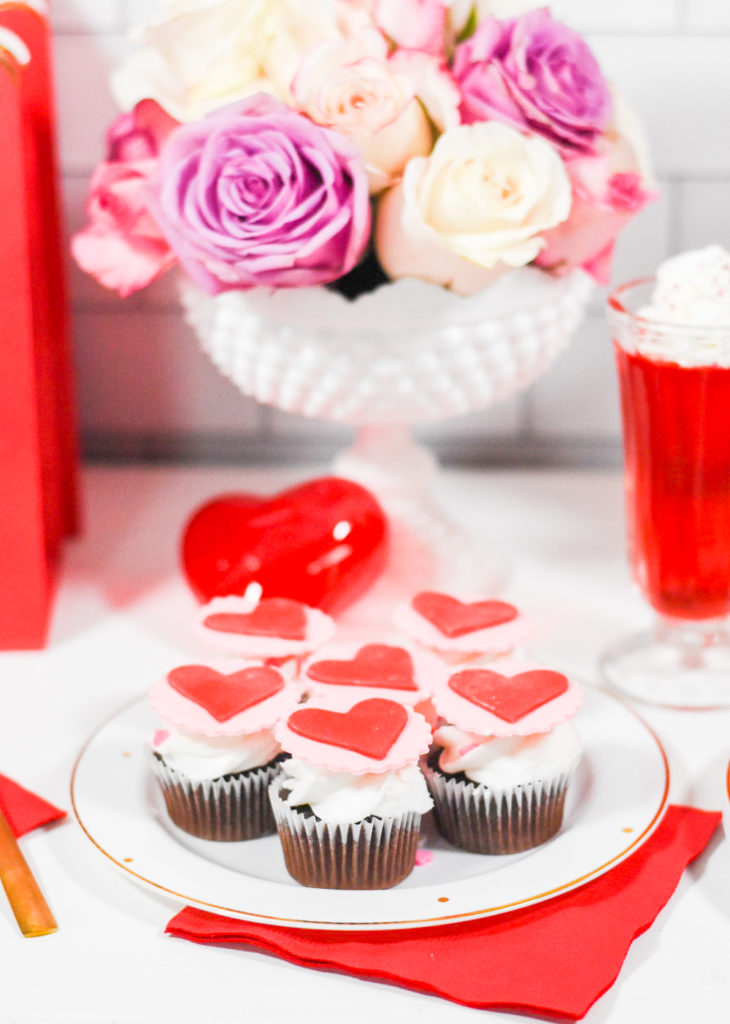 Valentine's Day Cupcakes with Red and Pink Heart Fondant Cupcake Toppers by Pineapple Paper Co.