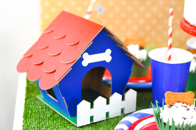 3D Doghouse made with Cricut Chipboard and Vinyl using Cricut Maker for Puppy Birthday Party Favor Pineapple Paper Co.