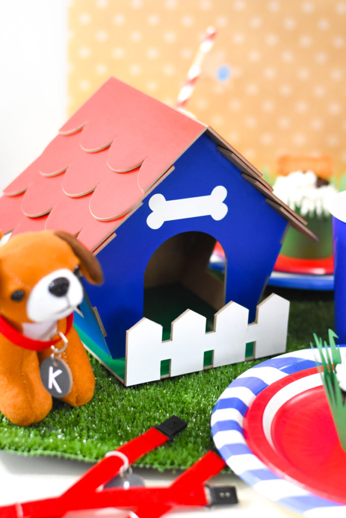 3D Doghouse made with Cricut Chipboard and Vinyl using Cricut Maker for Puppy Birthday Party Favor Pineapple Paper Co.