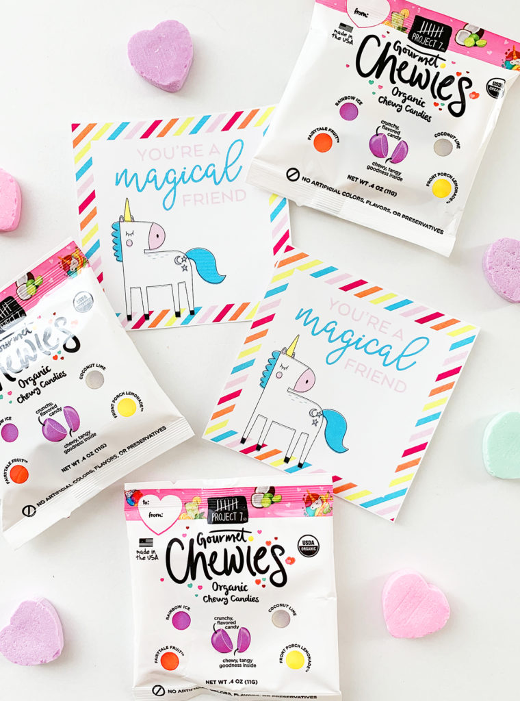 Free Unicorn Printable Valentine Cards with Rainbow Stripes designed by Pineapple Paper Co.