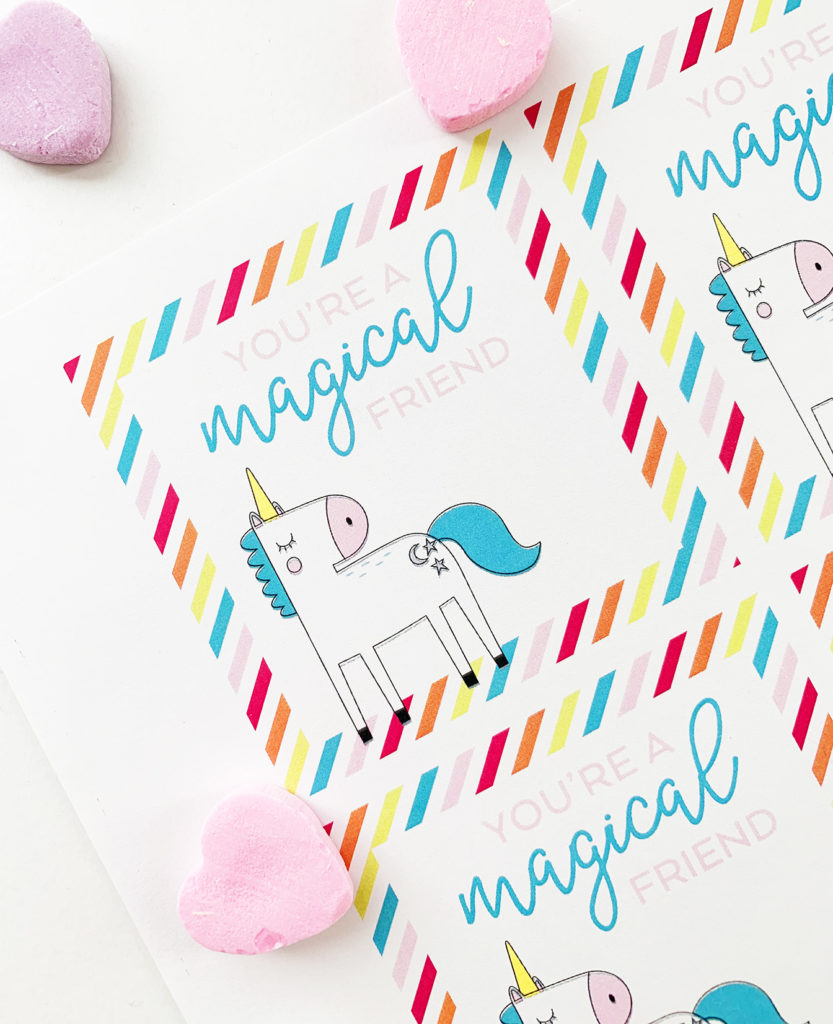 Free Unicorn Printable Valentine Cards with Rainbow Stripes designed by Pineapple Paper Co.