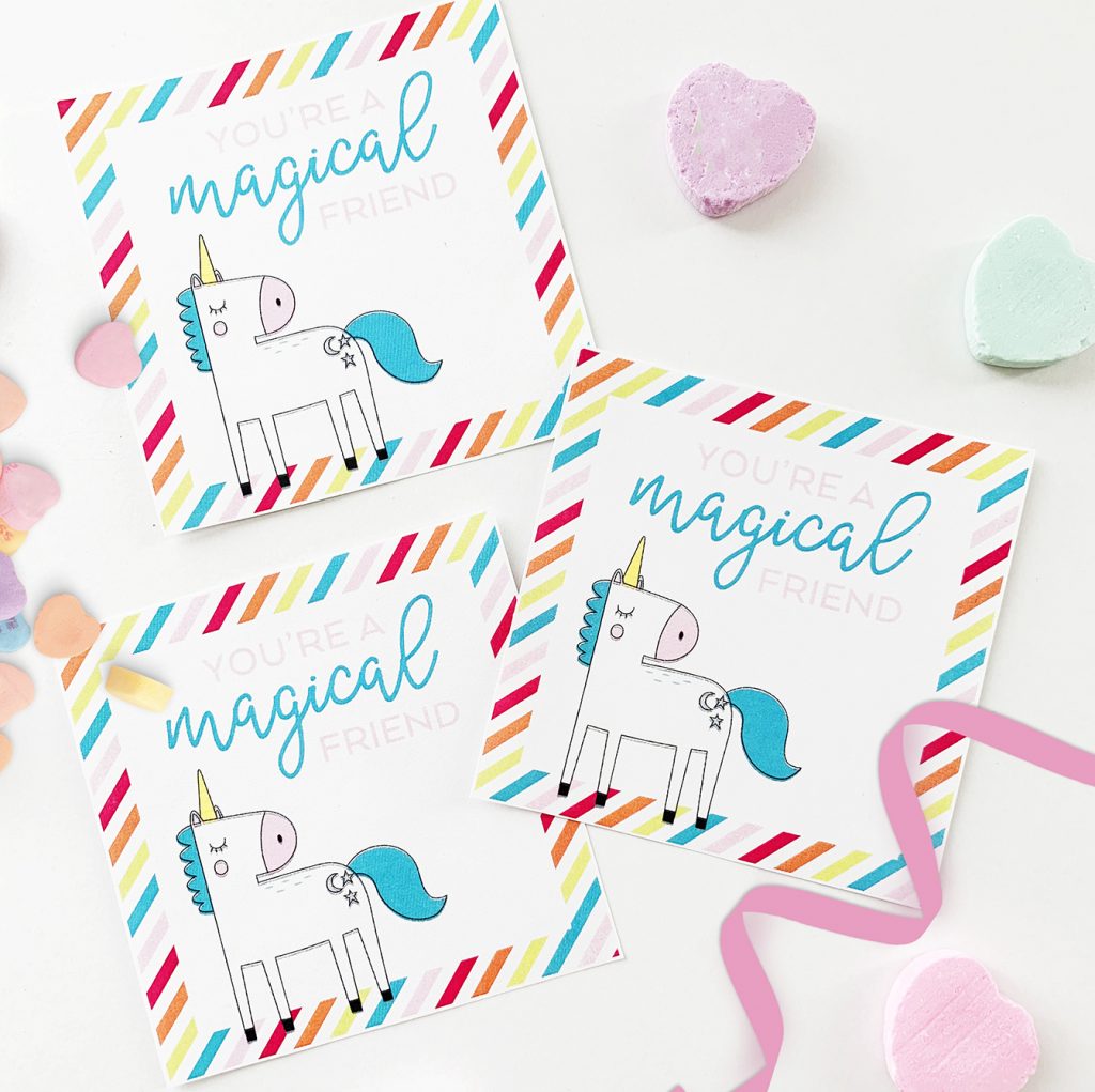 Free Unicorn Printable Valentine Cards with Rainbow Stripes designed by Pineapple Paper Co.