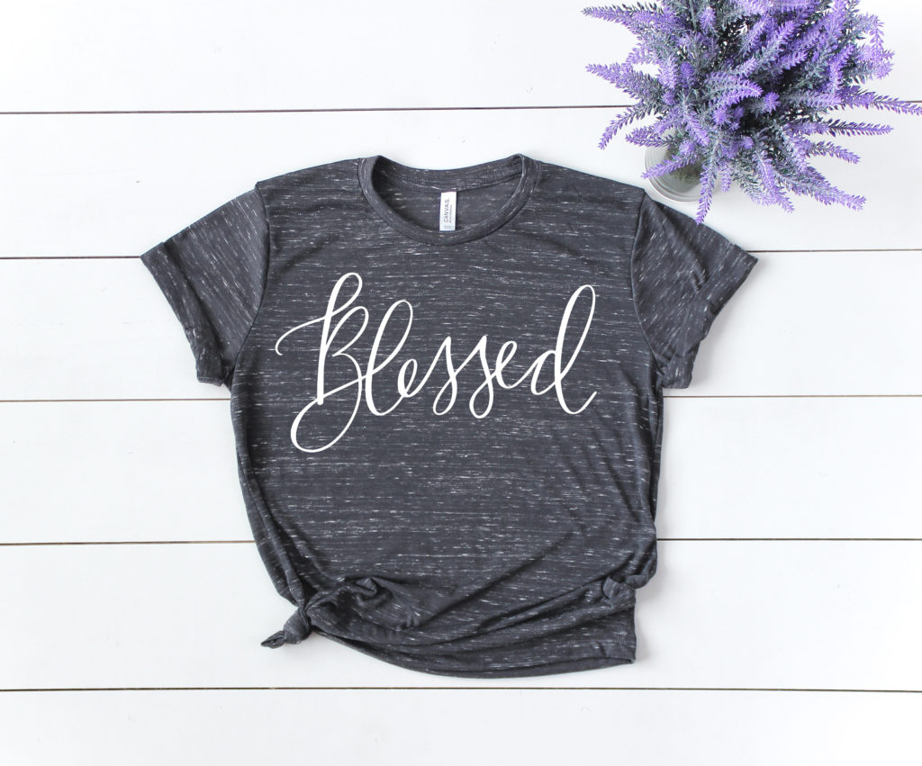 Blessed SVG on Gray Shirt for Easter Shirt by Pineapple Paper Co.