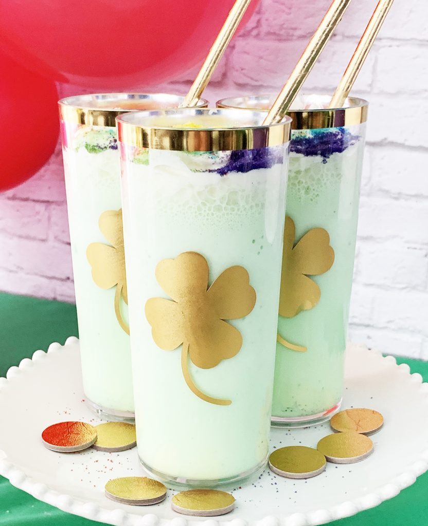 Homemade Shamrock Shake Recipe with Gold Shamrocks and Rainbow Sprinkles by Pineapple Paper Co.