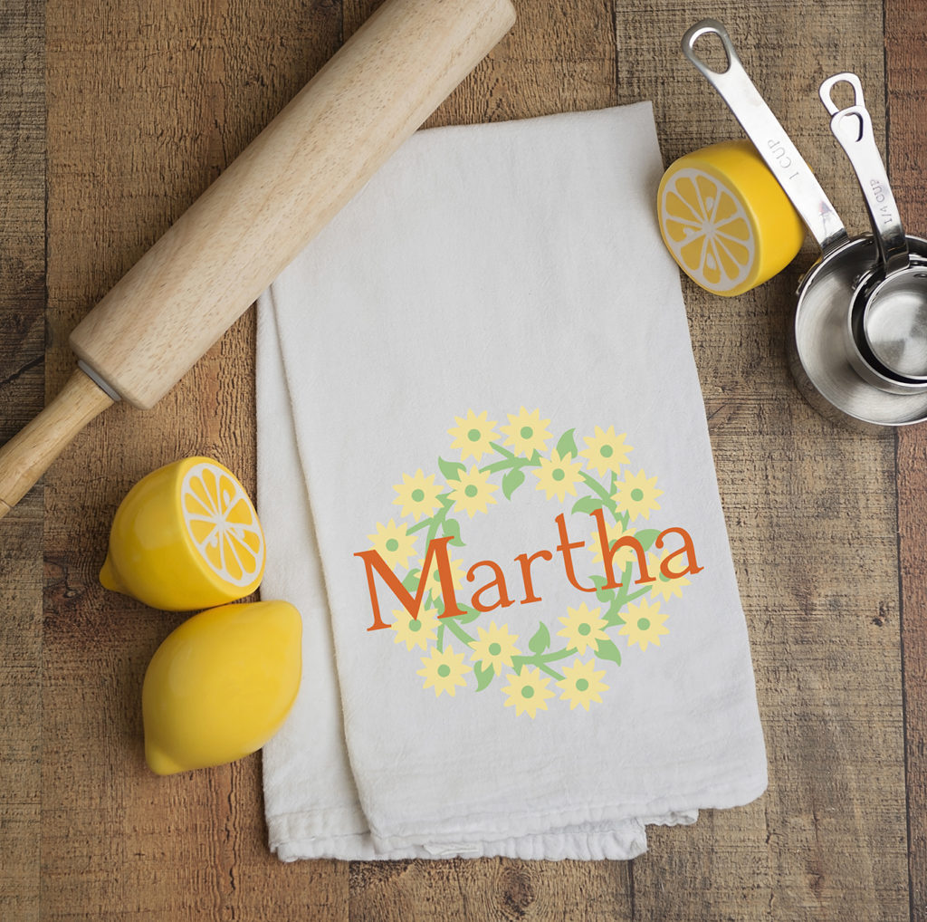Personalized Martha Kitchen Tea Towel with Cricut Vinyl Flowers