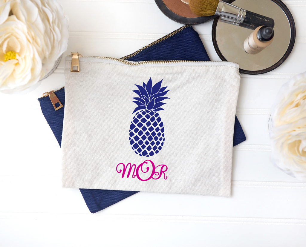 Cosmetic Makeup Bag with Pineapple and Monogram Cricut Iron On