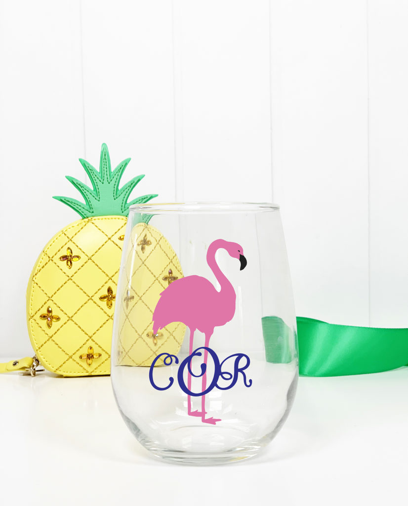 Wine Glass with Flamingo and Monogram Cricut Vinyl