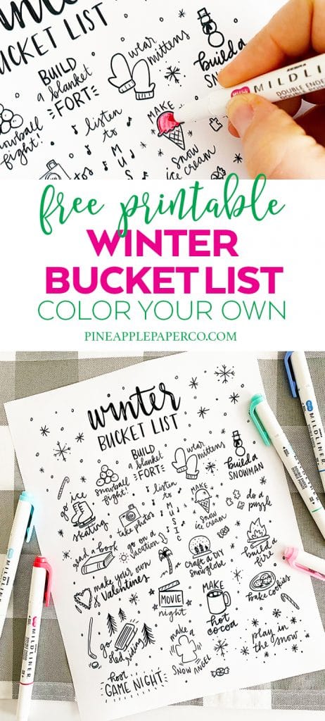 Printable Winter Bucket List Coloring Page by Pineapple Paper Co.