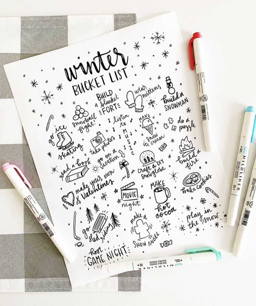 Printable Winter Bucket List Coloring Page by Pineapple Paper Co.