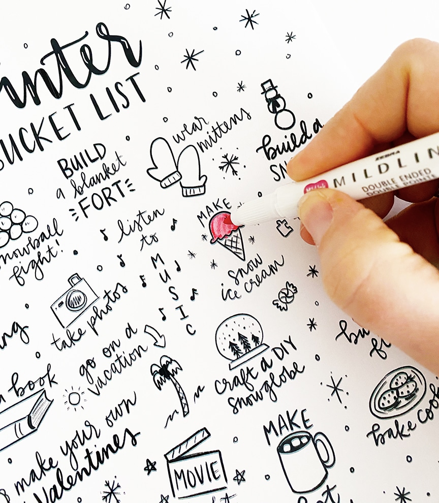 Printable Winter Bucket List Coloring Page by Pineapple Paper Co.