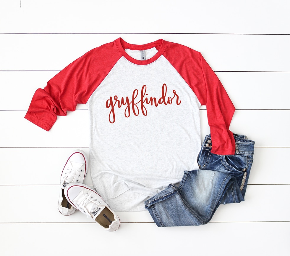 Gryffindor Baseball Raglan Tee with Handlettered Hogwarts House SVG by Pineapple Paper Co.