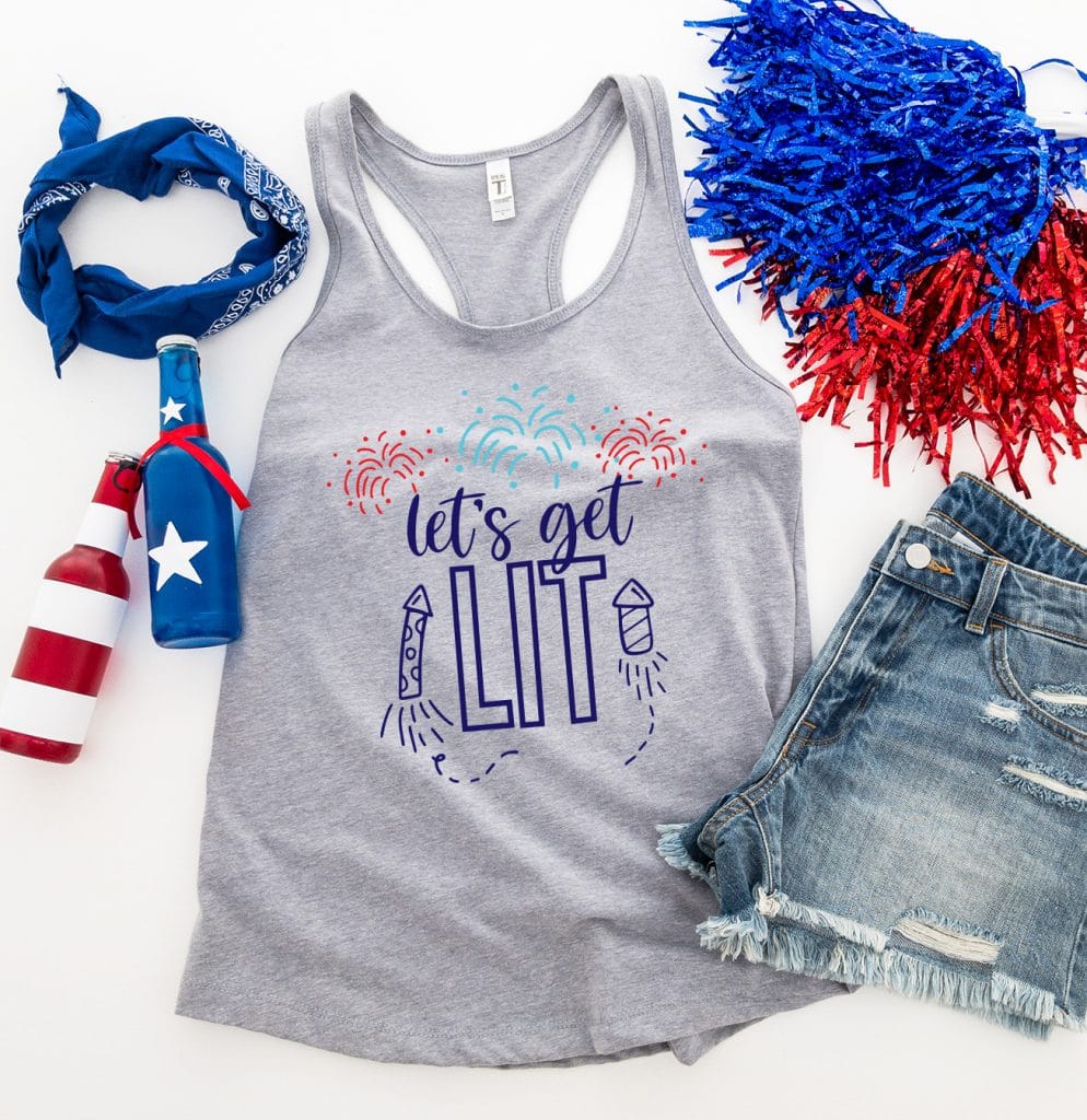 Free Let's Get Lit SVG on Gray Tank Top for 4th of July