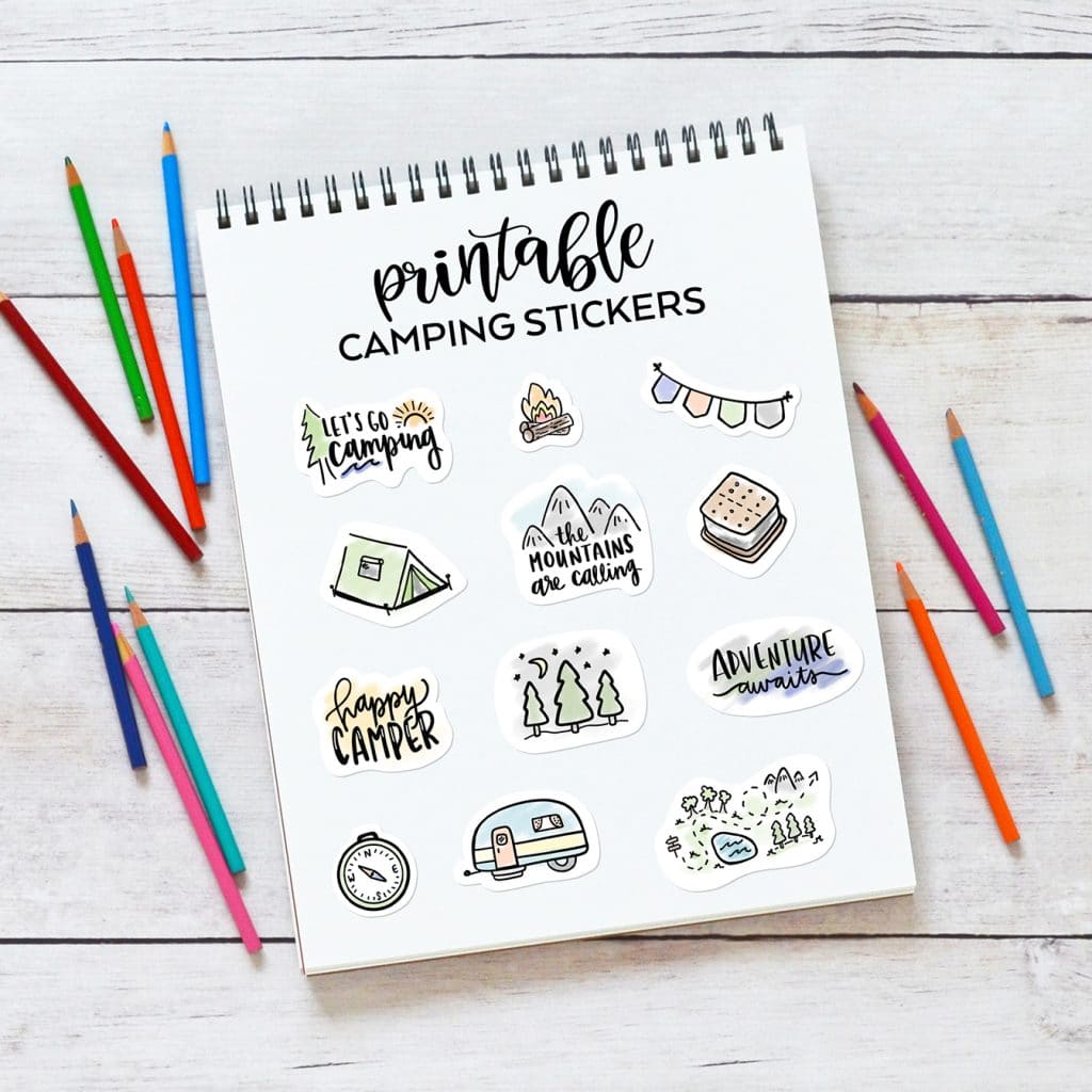 Printable Camping Stickers on Notebook