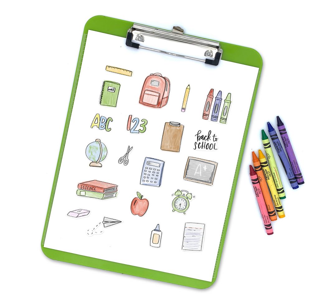 Free Printable Back to School Stickers from Pineapple Paper Co. on Green Clipboard