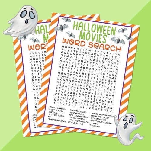 printable halloween movies word search on green background with cartoon ghosts