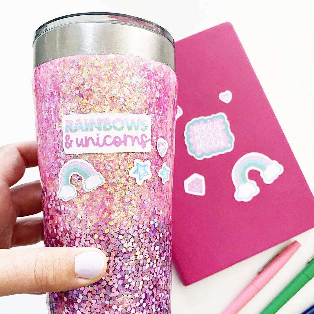 Free Printable Unicorn Stickers from Pineapple Paper Co. on a Glitter Tumbler