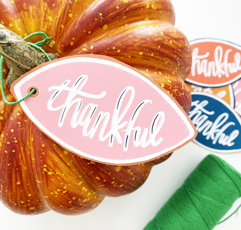 Pink Printable Thankful Leaf Tag on Orange Pumpkin