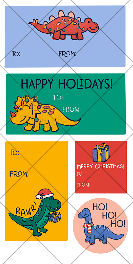 Dinosaur Christmas Printable Gift Tag Stickers from Pineapple Paper Co.
