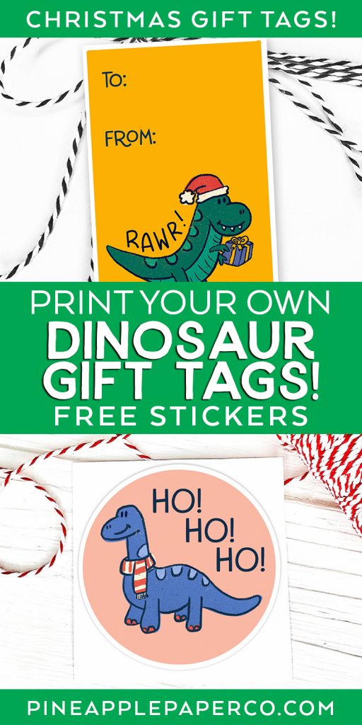 Dinosaur Christmas Printable Gift Tag Stickers from Pineapple Paper Co.