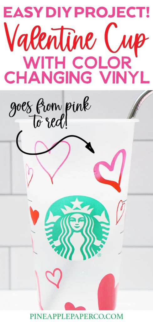 Color Changing Vinyl on Starbucks Cup with Arrow Pointing to Heart changing From Red to Pink