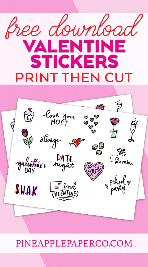 Print then Cut Valentine Stickers Free Download at Pineapple Paper Co.