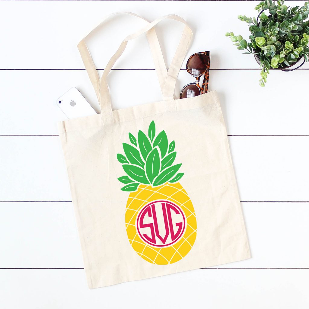 Monogrammed Pineapple Tote Bag made with Free Pineapple Monogram SVG plus 15 more FREE Monogram SVG Files for Cricut