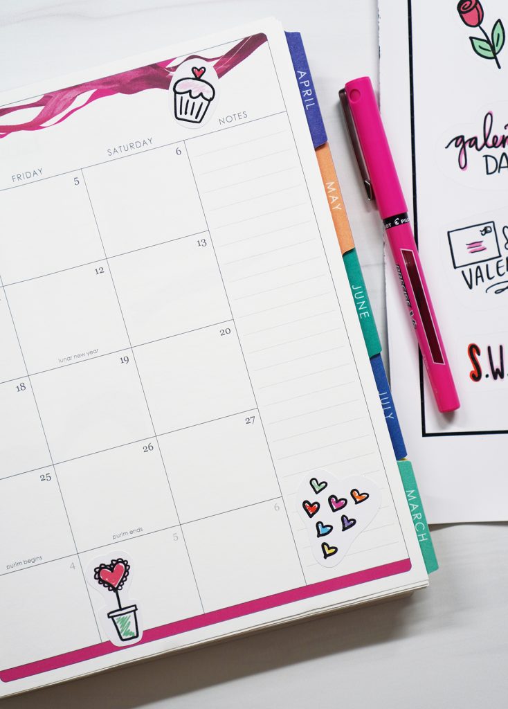 Printable Valentine Stickers in Planner with Pink Pen