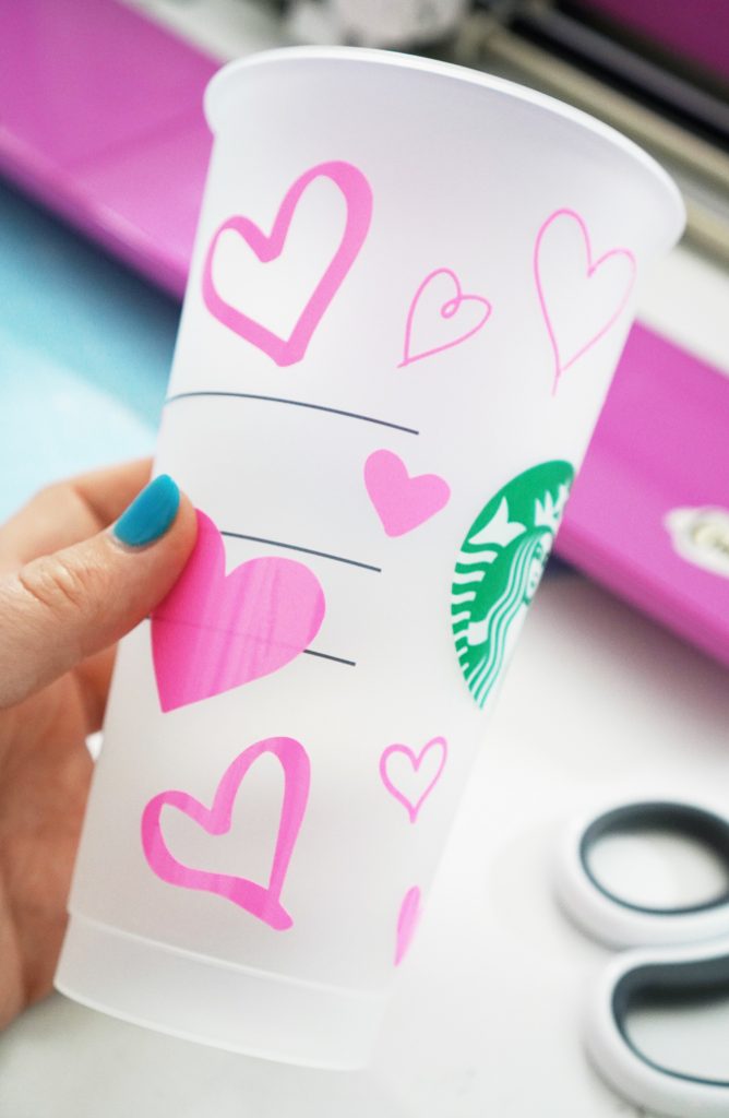 Pink Color Changing Vinyl Hearts on Starbucks Plastic Cup