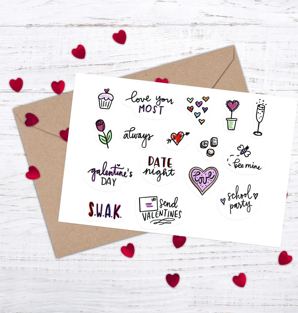 Free Printable Valentine Stickers on White card with Kraft Paper Envelope and Red Heart Confetti