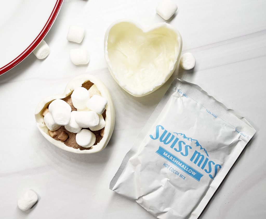Open Valentine Heart Hot Chocolate Bomb with Swiss Miss Hot Chocolate and Mini Marshmallows