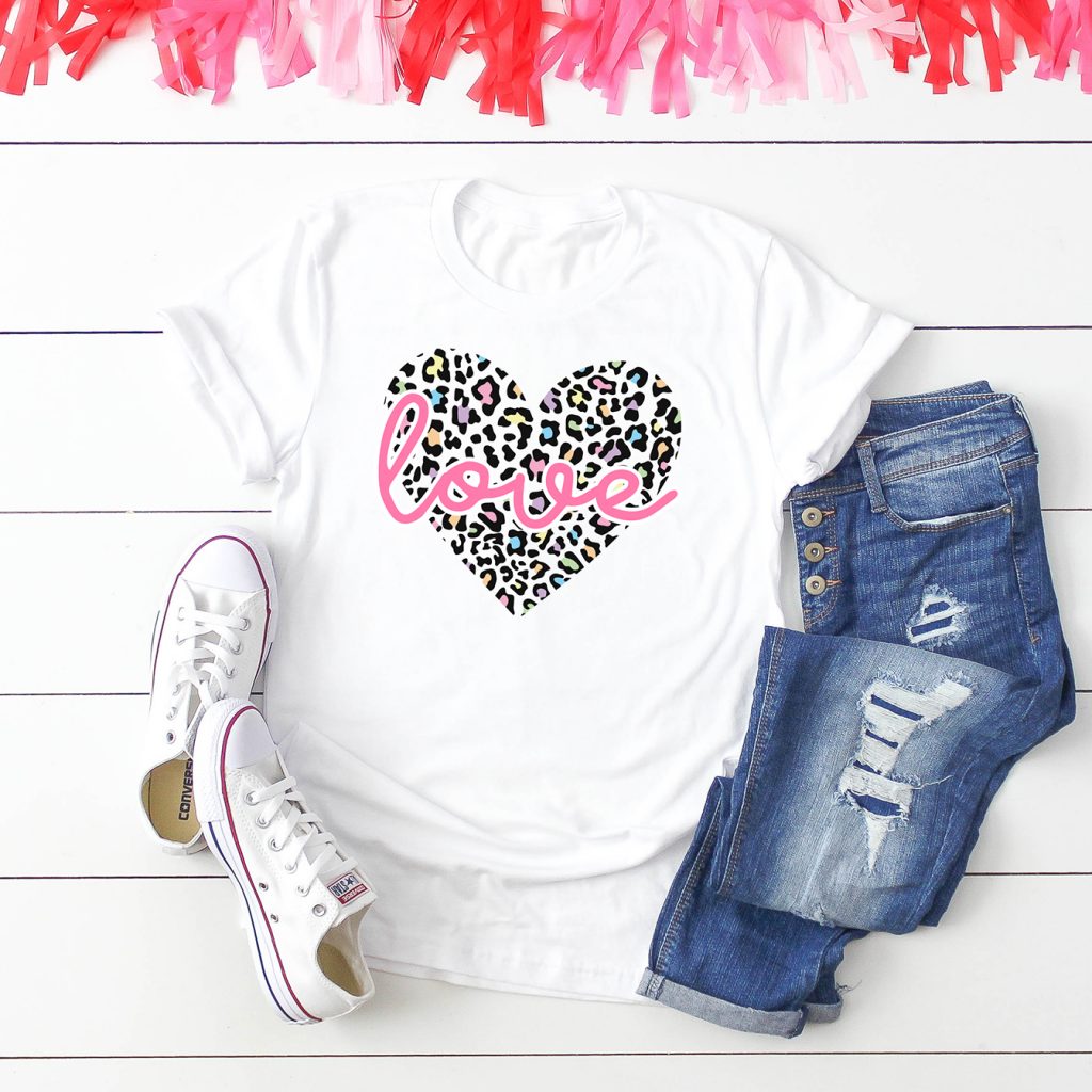 Leopard Print Heart SVG on White Shirt for Valentine's Day