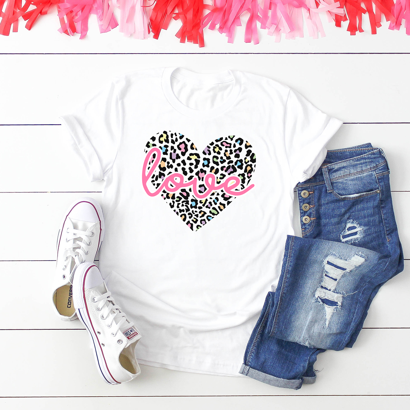 Leopard Print Heart SVG on White Shirt for Valentine's Day