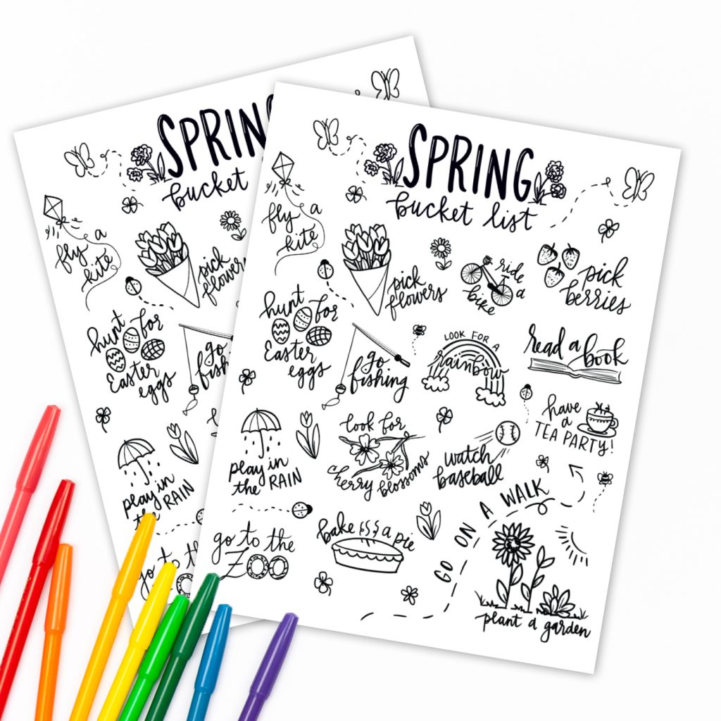 Spring Bucket List Printable Coloring Page with Markers