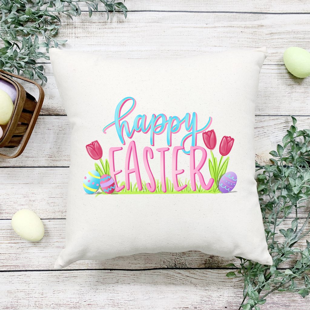 Happy Easter Sublimation Pillow made with Free Easter Sublimation Graphic Design