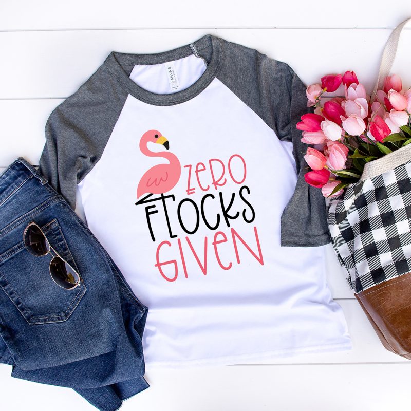 Zero Flocks Given Flamingo SVG on Gray and White Raglan Shirt