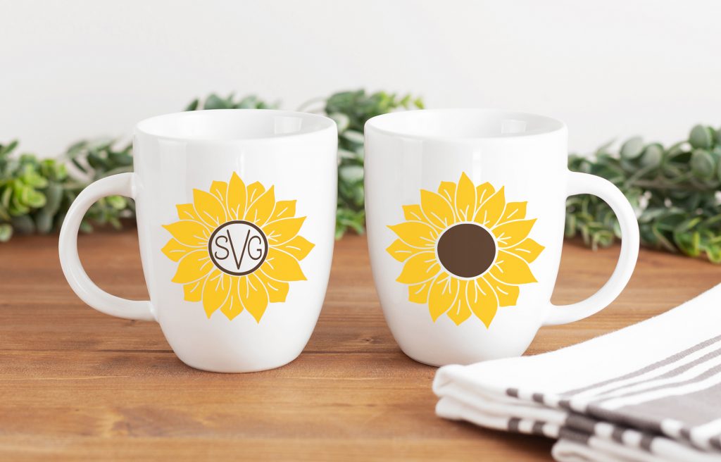 DIY Sunflower Mug with Free SVG Files on Wooden Table