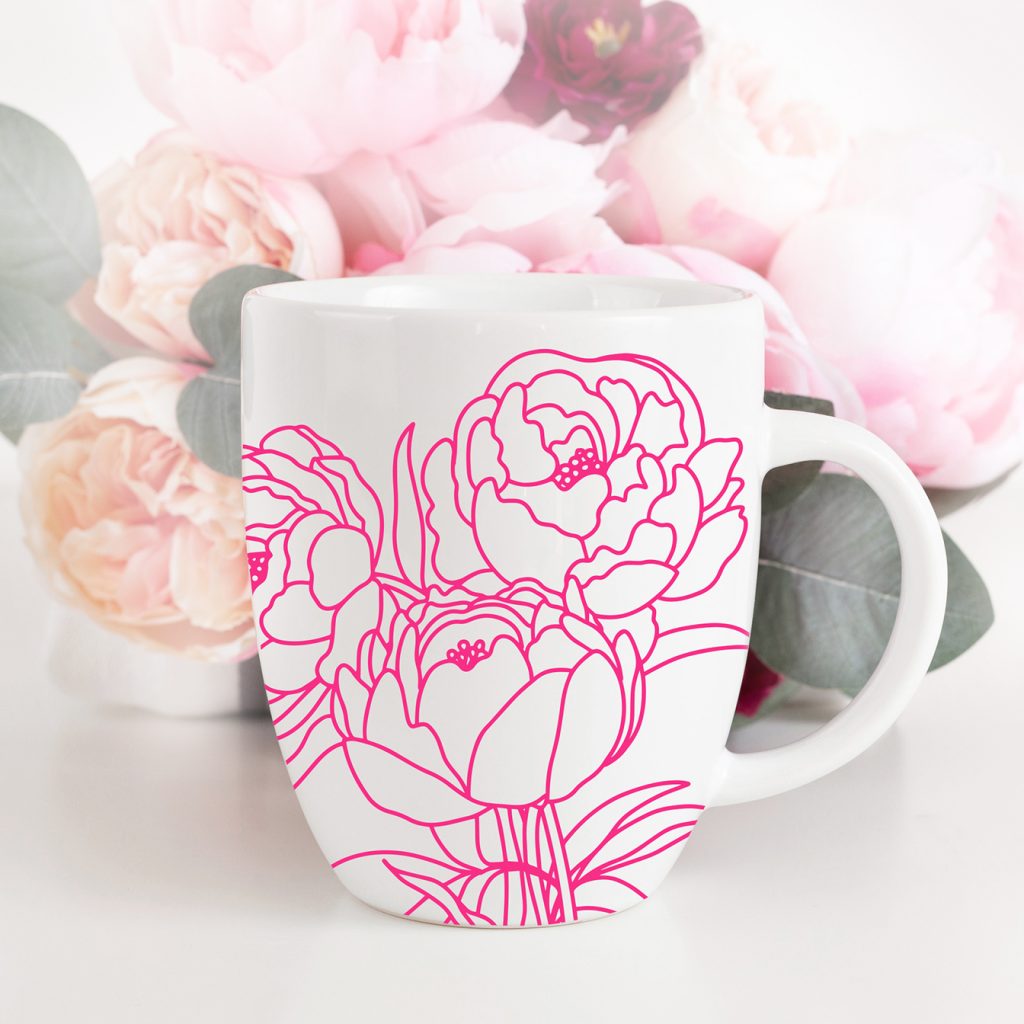 Free Peony Flower SVG in Pink Vinyl on DIY Mug