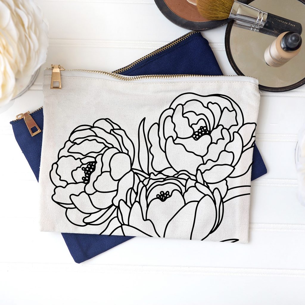 DIY Canvas Makeup Bag with Free Peony Bouquet SVG File in Black Iron On Vinyl